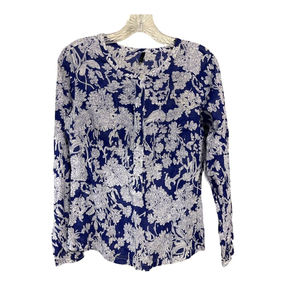 United Colors of Benetton Blue White Floral Cotton Blouse XS Lightweight Button